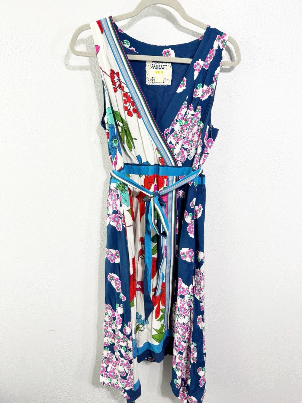 Maeve Navy & White Floral Wrap Midi Dress with Multicolor Belt